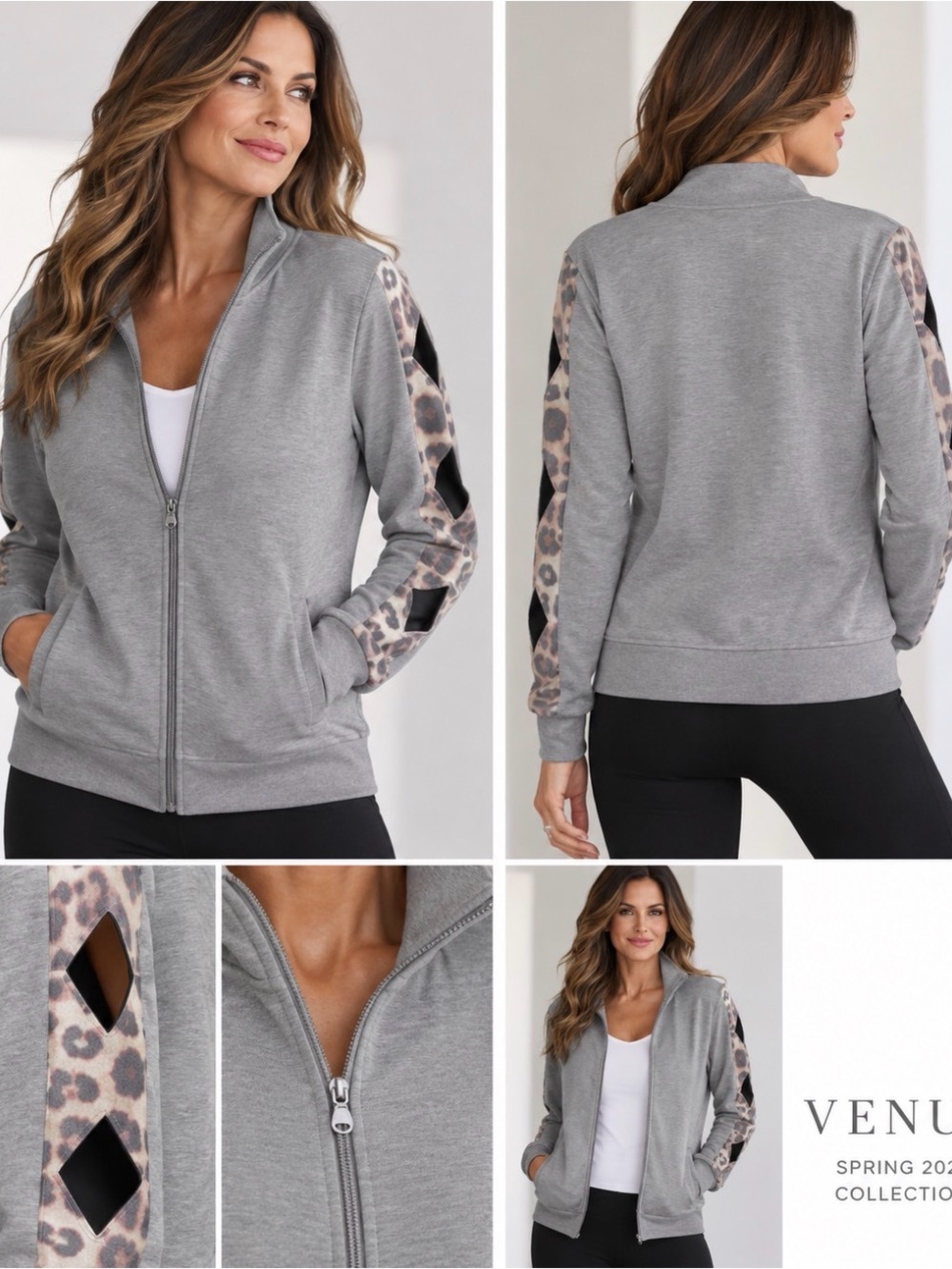 VENUS Gray Zip-Front hoodie with Leopard-Print Diamond cutout Sleeve Panels